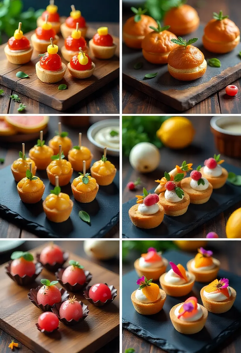 Collage of beautifully presented appetizers on boards and trays, garnished with herbs and flowers, cozy and elegant party setup.
