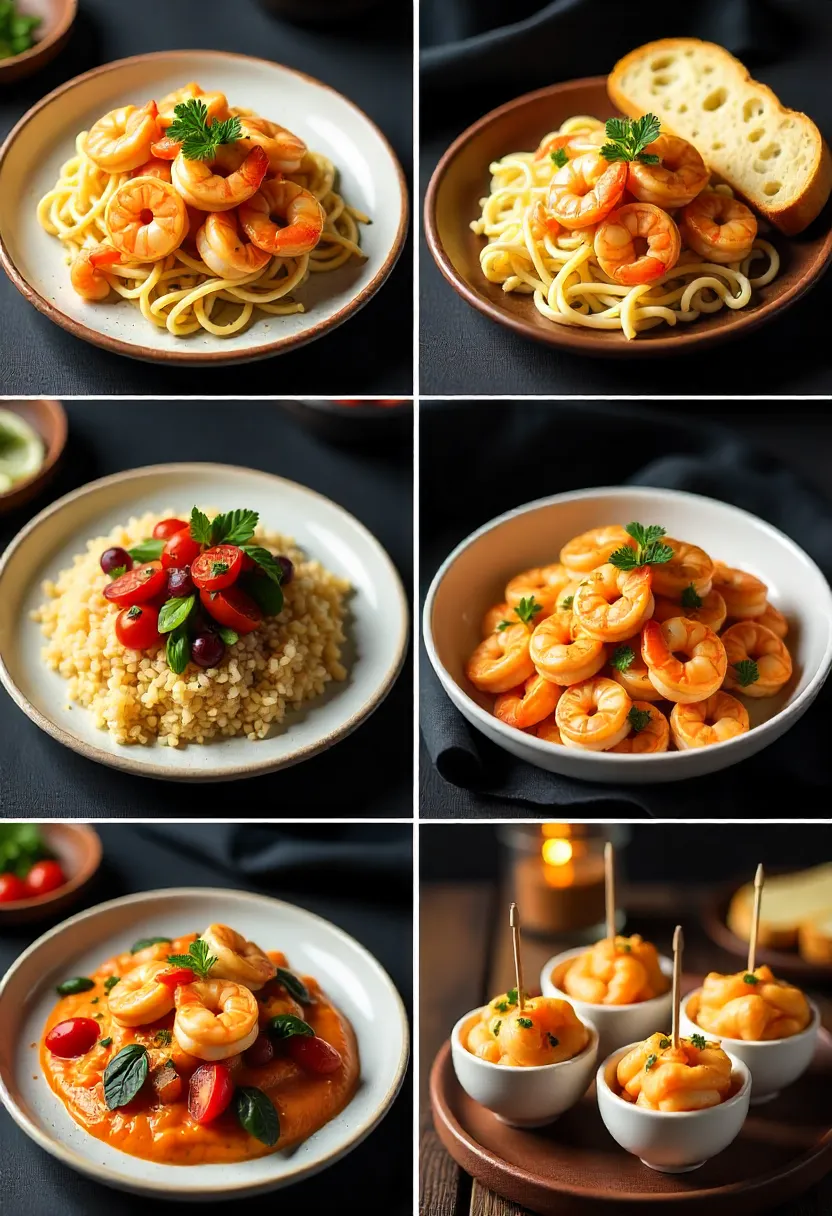 Collage of shrimp scampi variations: spicy, tomato, creamy, greens, and low-carb versions with lemon and parsley.