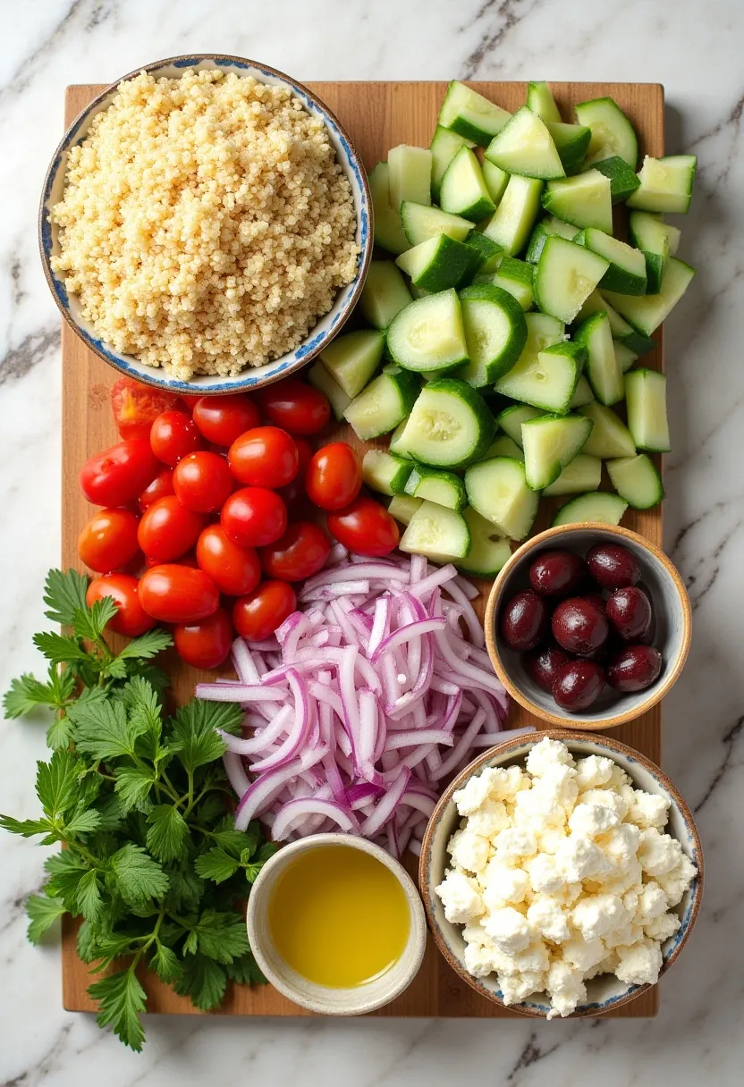 The collage also includes small bowls of lemon juice and olive oil for dressing, arranged on a bright, rustic kitchen background, highlighting textures, colors, and freshness in an artistic and appetizing layout.