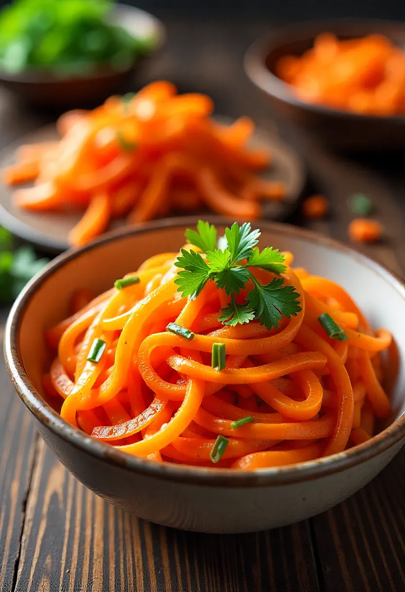 Collage of Korean Carrot Salad ingredients: carrots, garlic, spices, oil, and vinegar.