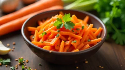 Bright Korean carrot salad in a bowl with fresh ingredients on a wooden table.