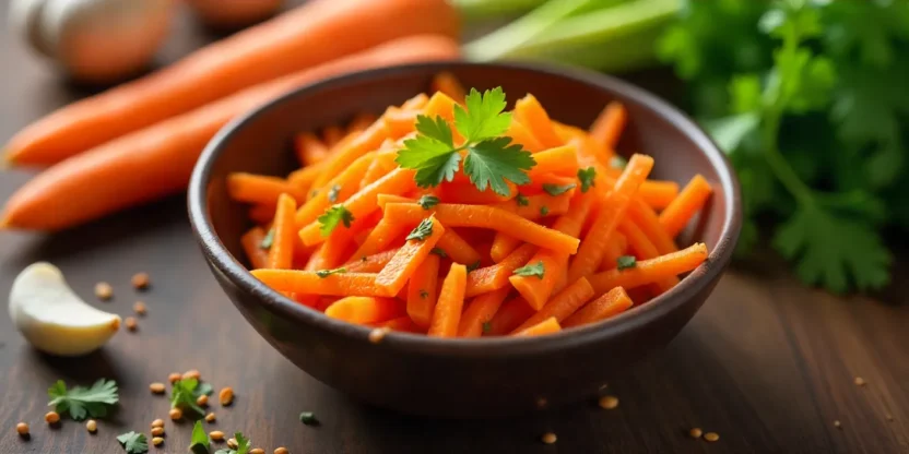 Bright Korean carrot salad in a bowl with fresh ingredients on a wooden table.