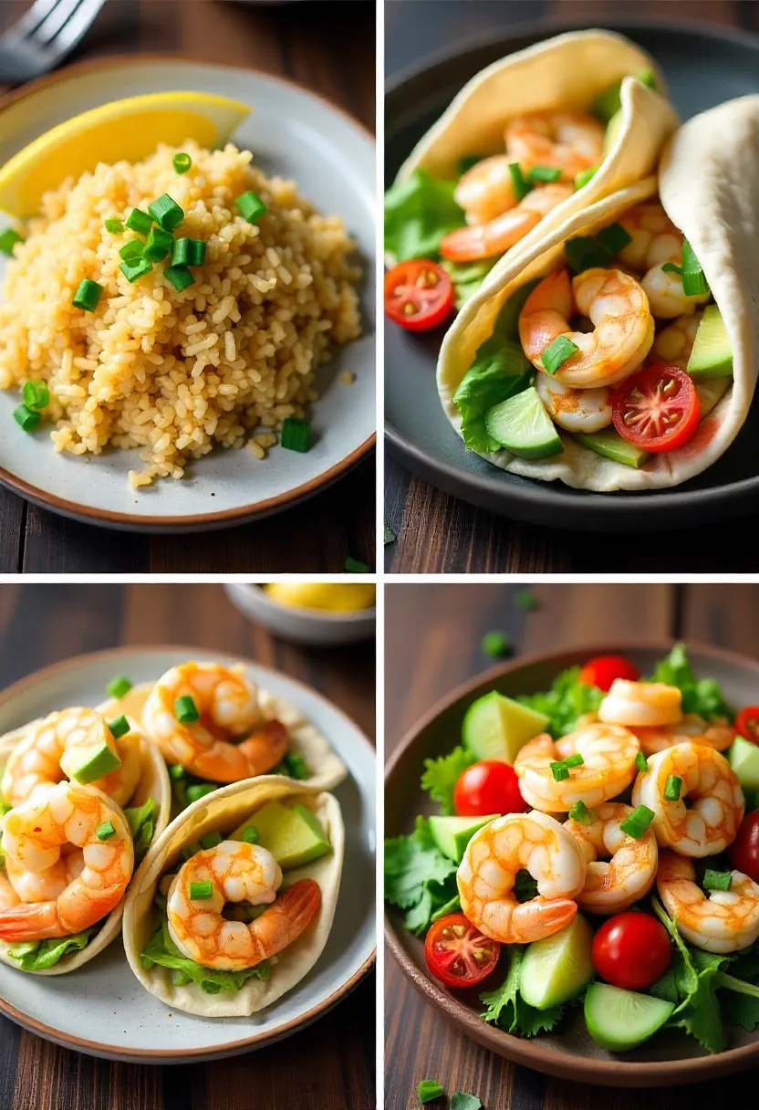 Collage of leftover shrimp scampi used in fried rice, wraps, and salad for creative meal ideas.