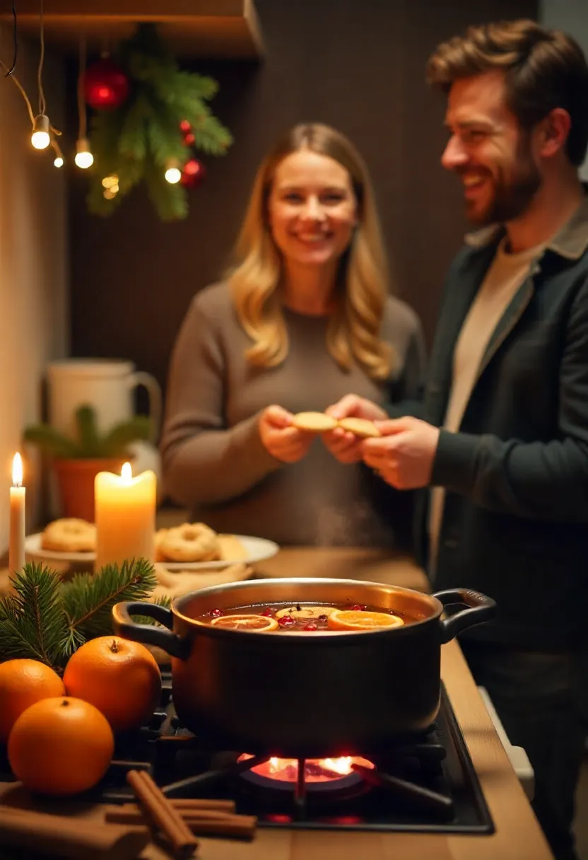 Christmas kitchen scene with mulled cider, spices, and people enjoying a cozy holiday gathering.