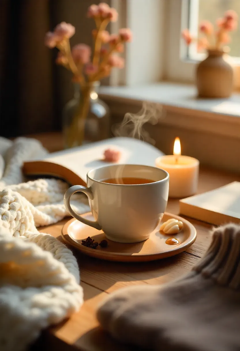 Cozy scene with ginger-honey tea, a blanket, candle, and book, evoking relaxation and mindful tea ritual.