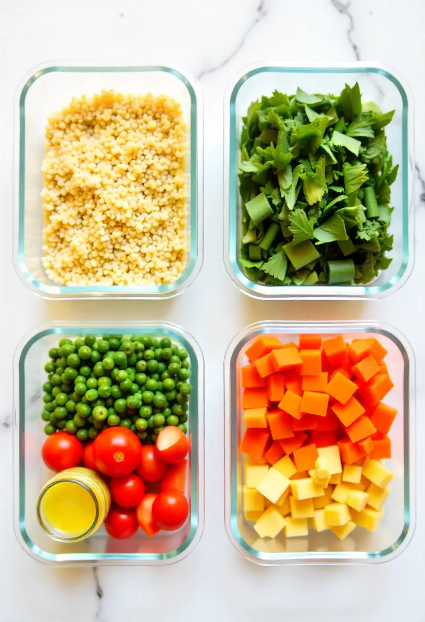 Meal-prep containers with quinoa, vegetables, herbs, and dressing for a Mediterranean salad.