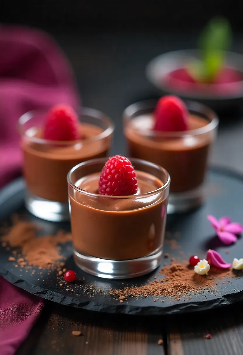 Mini chocolate mousse cups topped with raspberries, served on a slate board with edible flowers, elegant and bite-sized.