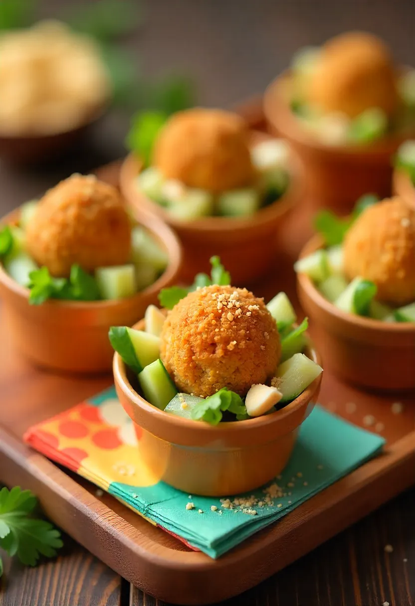 Mini falafel bowls with cucumber, tomato, parsley, and tahini drizzle on a wooden tray, colorful and festive.