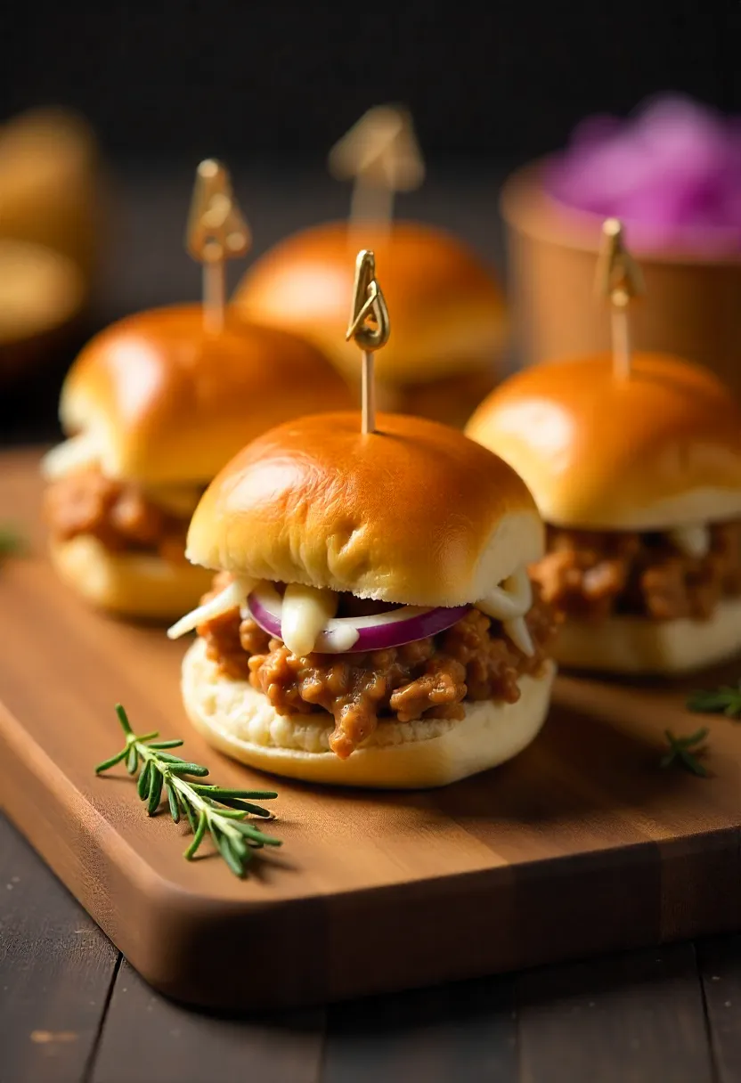 Mini pulled-pork sliders on a wooden board with coleslaw, pickled onions, and herb garnish, cozy and festive.