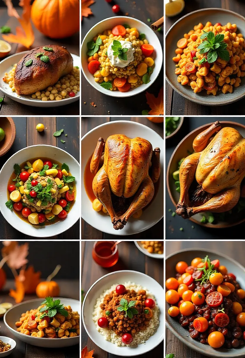 Collage of modern Thanksgiving dishes showing vegetarian, vegan, and culturally diverse foods.