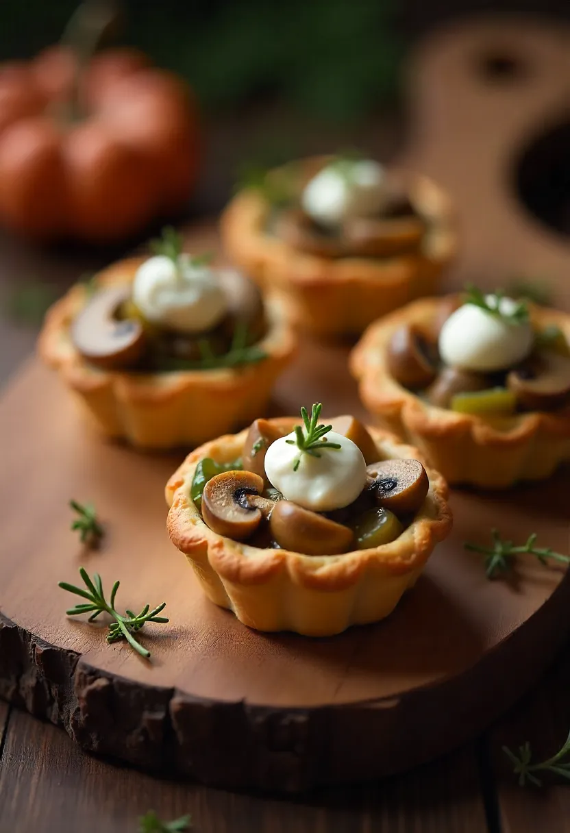 Mushroom and goat cheese tartlets on a wooden board, garnished with thyme, cozy and autumn-inspired.