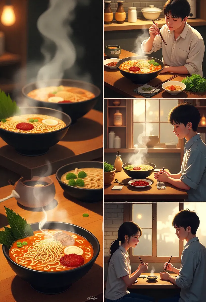 Collage of anime noodle scenes: ramen, udon, soba bowls, cozy shops, and characters eating together, showing warmth, comfort, and connection.