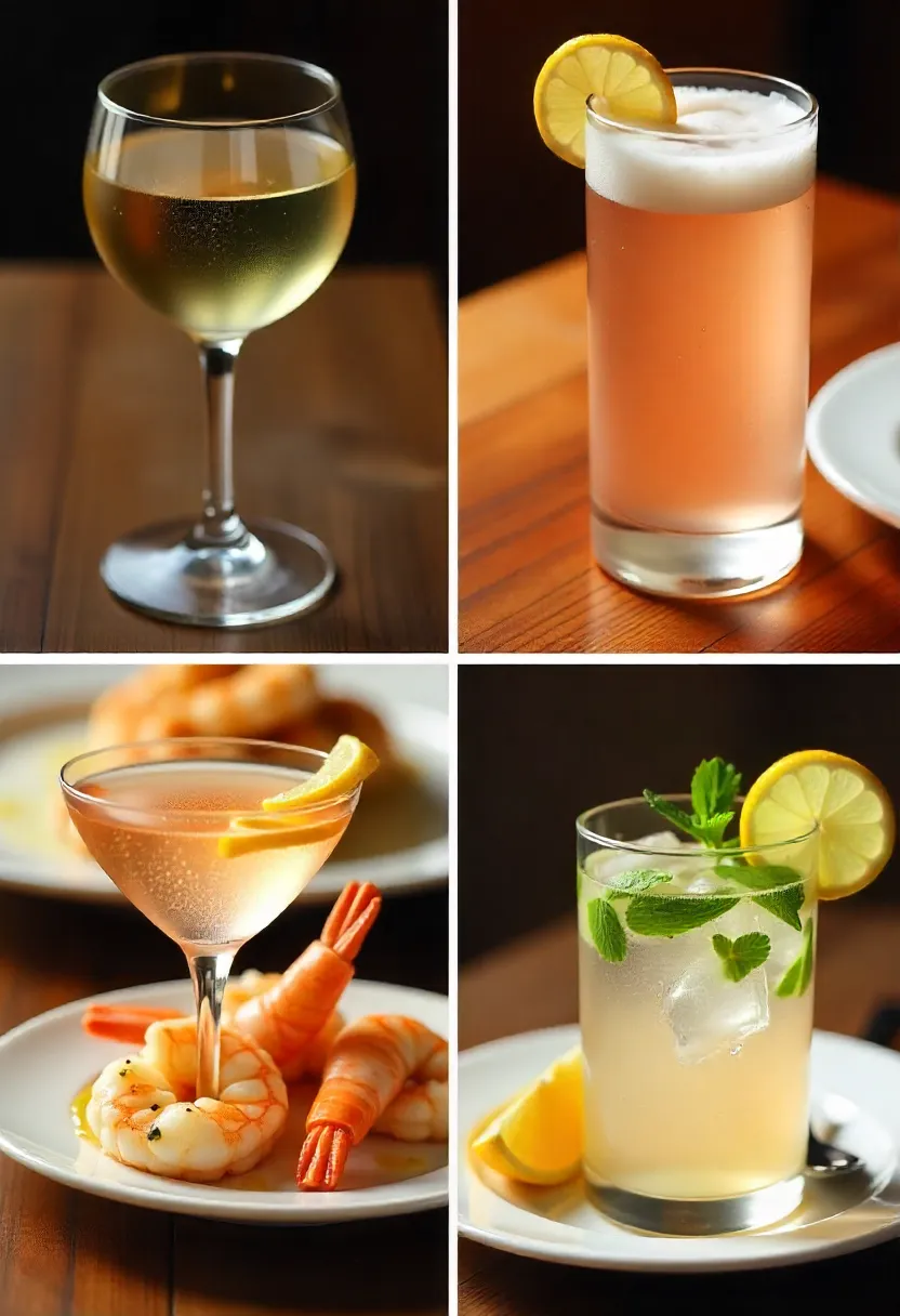 Collage of drink pairings for shrimp scampi: white wine, rosé, sparkling wine, and sparkling water with lemon and mint.