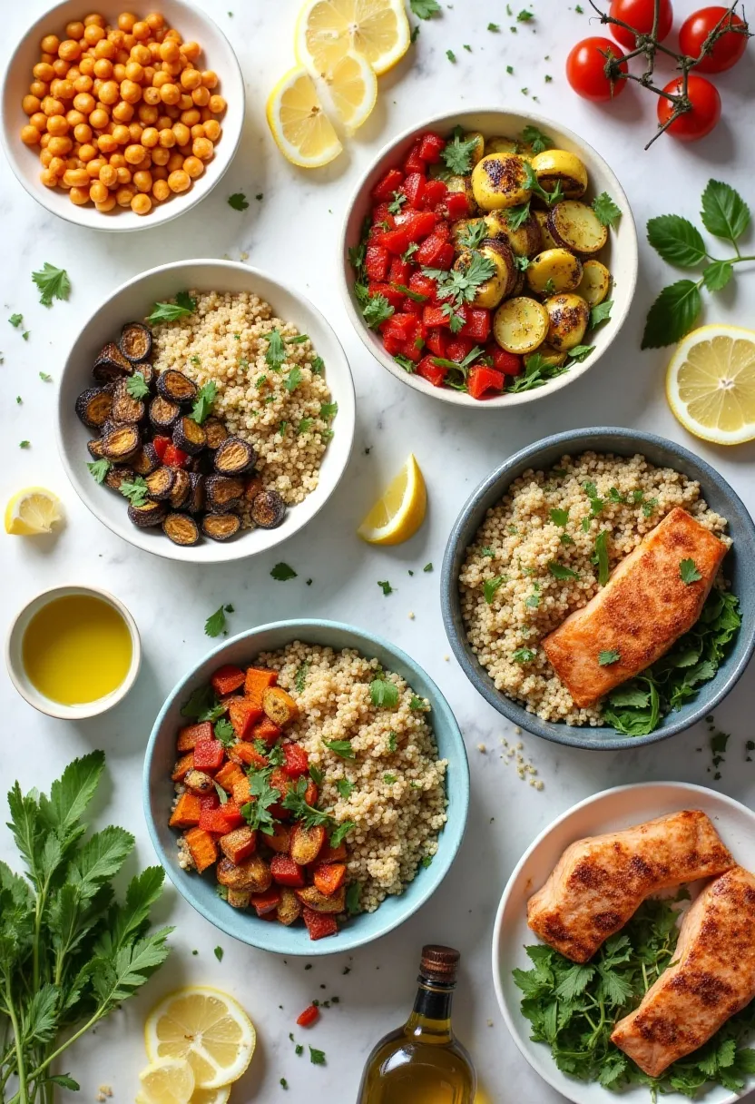 Collage of Mediterranean quinoa salad variations with vegetables, proteins, roasted additions, and plant-based options.