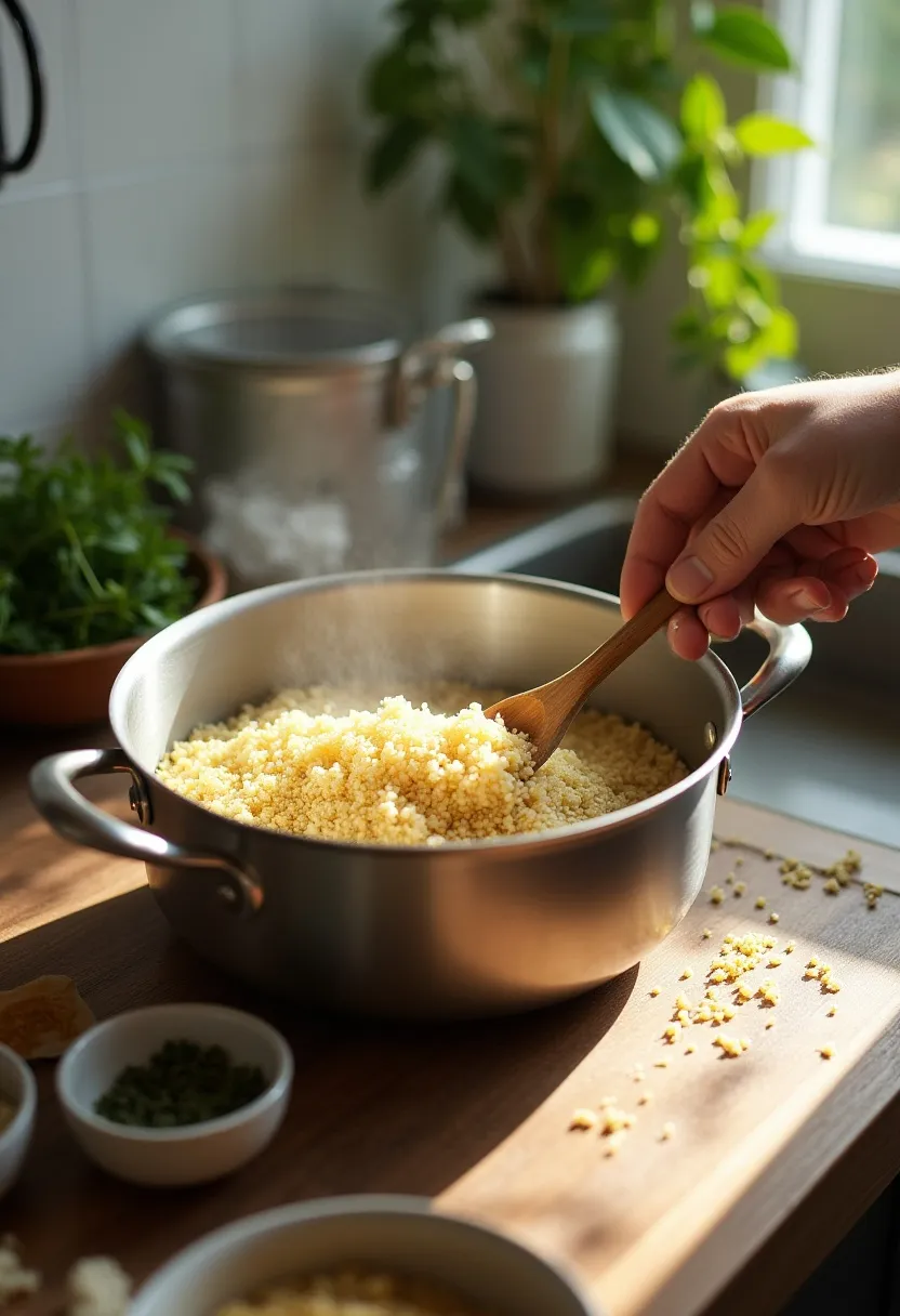 Cooking quinoa for a Mediterranean salad with saucepan, colander, and utensils in a sunlit kitchen.