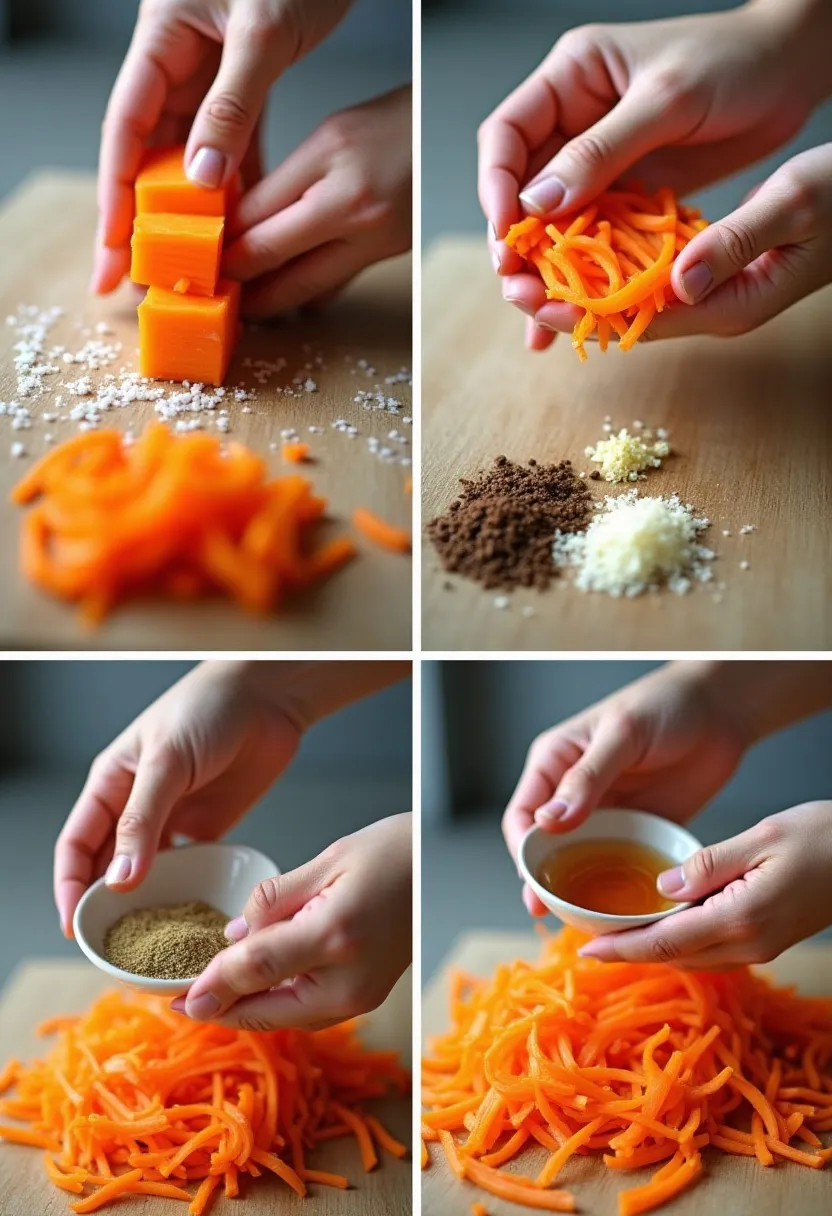 Collage showing the step-by-step preparation of Korean Carrot Salad with carrots, garlic, spices, and oil.