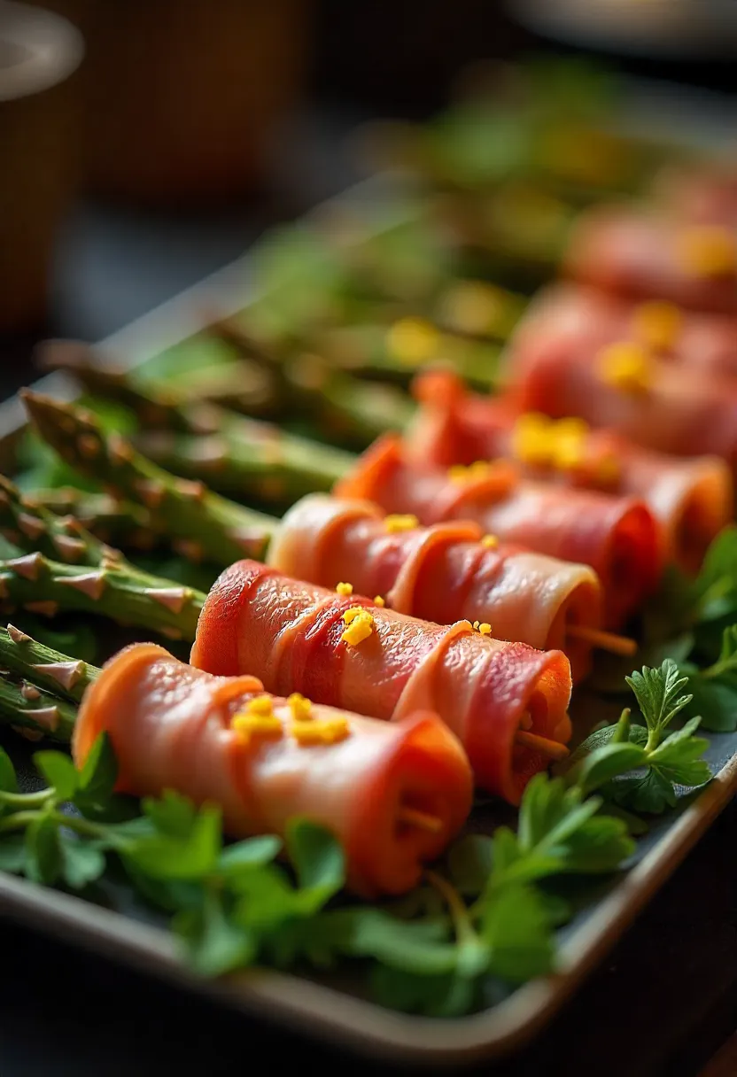 Prosciutto-wrapped asparagus on a platter with lemon zest and parmesan, elegant and appetizer-ready.
