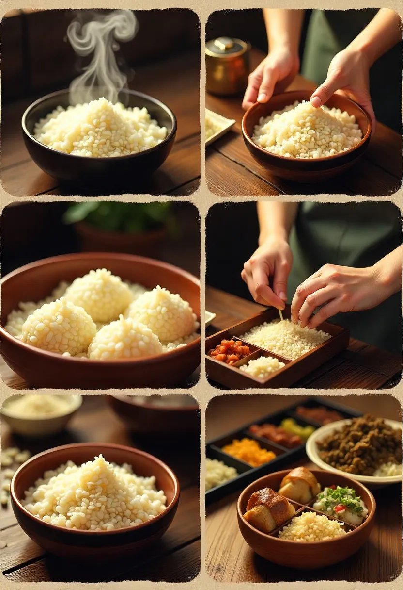 Collage of anime rice scenes: steaming rice bowls, onigiri being shaped, bento boxes, illustrating warmth, care, and homey comfort.