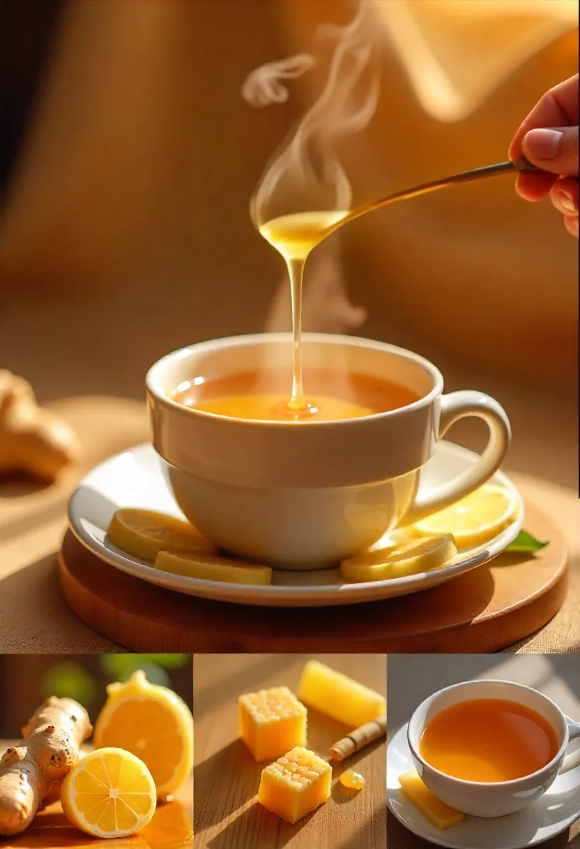 Cozy scene with ginger-honey tea, a blanket, candle, and book, evoking relaxation and mindful tea ritual.
