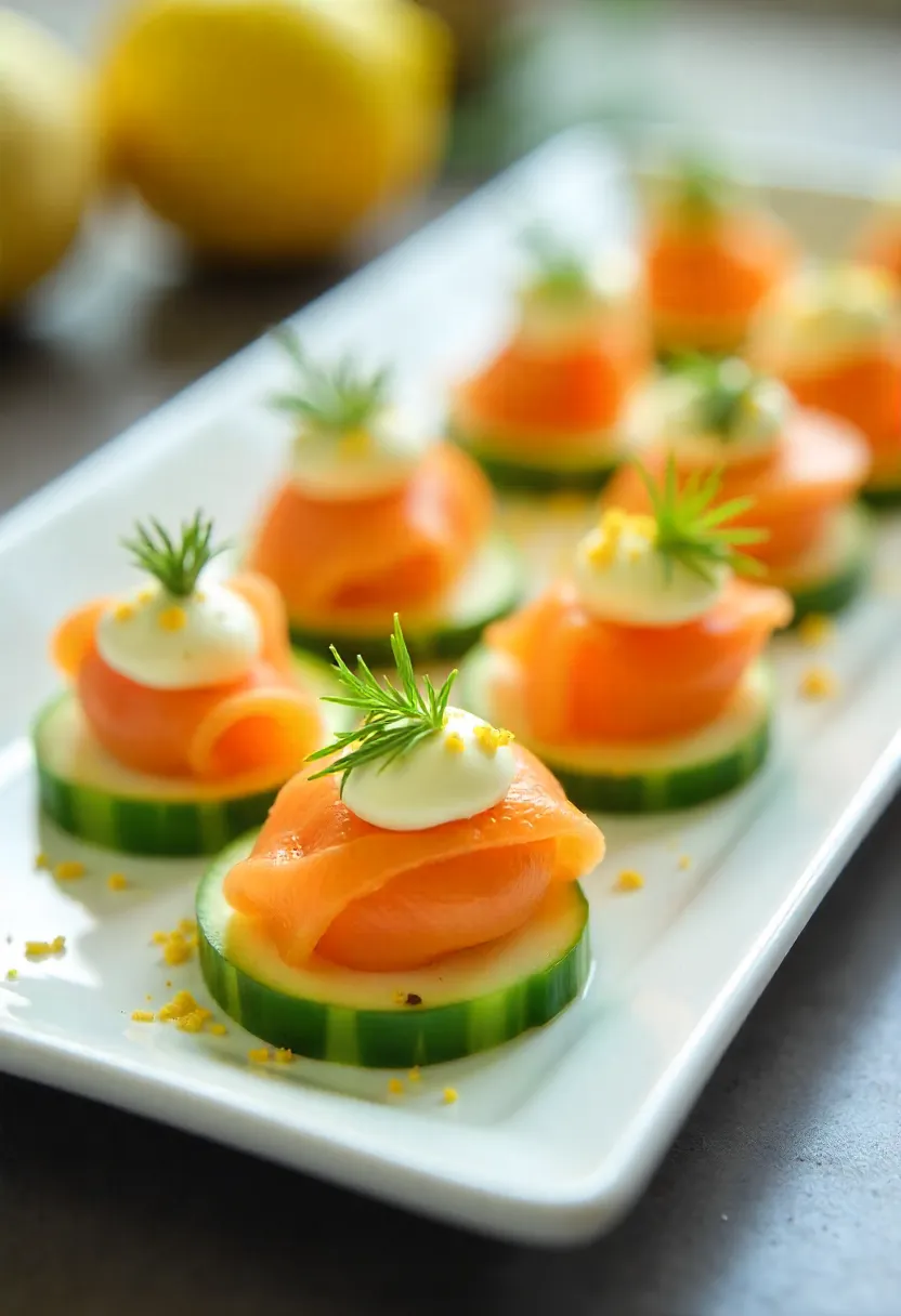 Cucumber ribbons wrapped around smoked salmon on a platter, garnished with lemon zest and microgreens, perfect for elegant gatherings.
