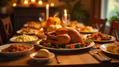 Thanksgiving dinner table with turkey, sides, and family celebrating together.