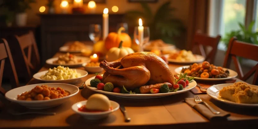 Thanksgiving dinner table with turkey, sides, and family celebrating together.