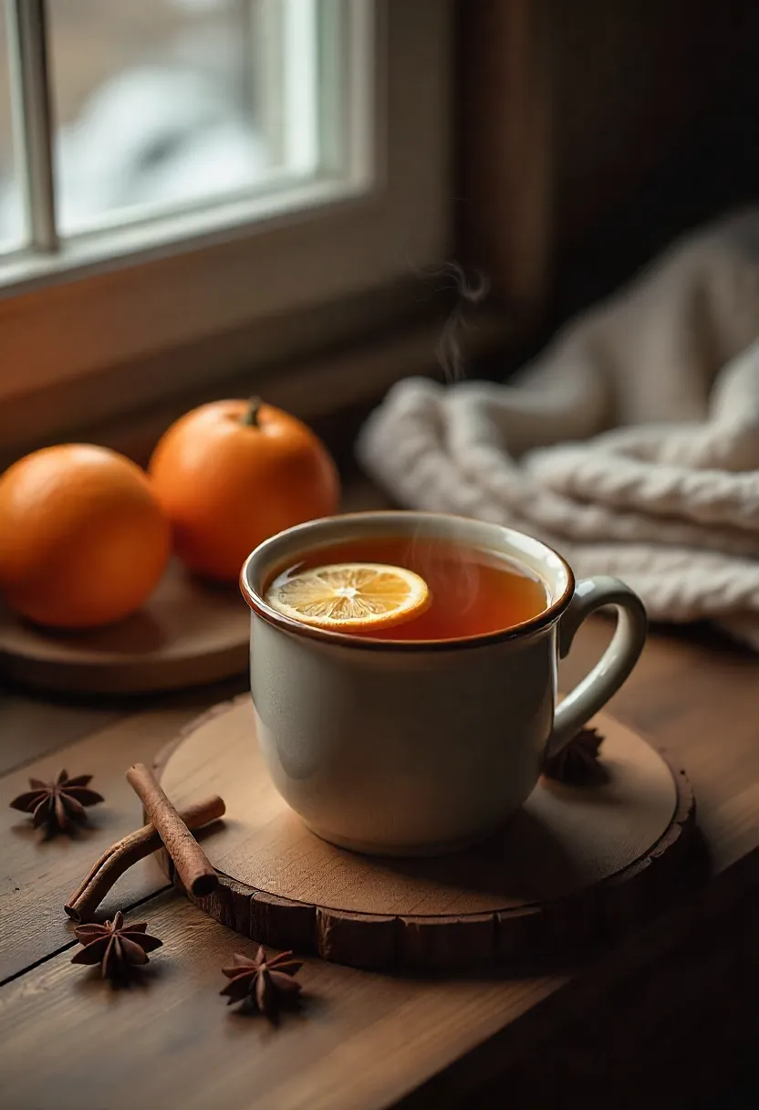 Steaming mug of mulled cider with spices and orange slices on a cozy winter table.