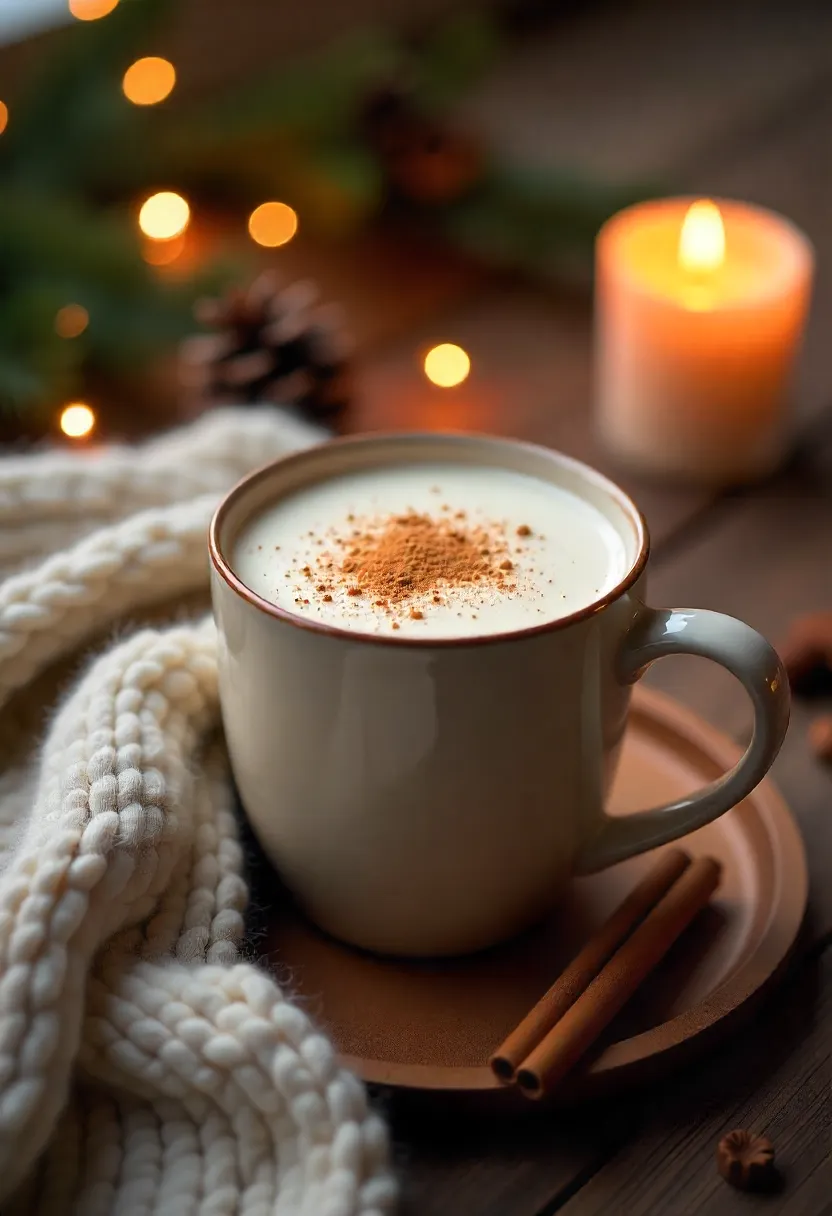 Creamy spiced milk or eggnog in a mug on a cozy table with Christmas lights and decorations.