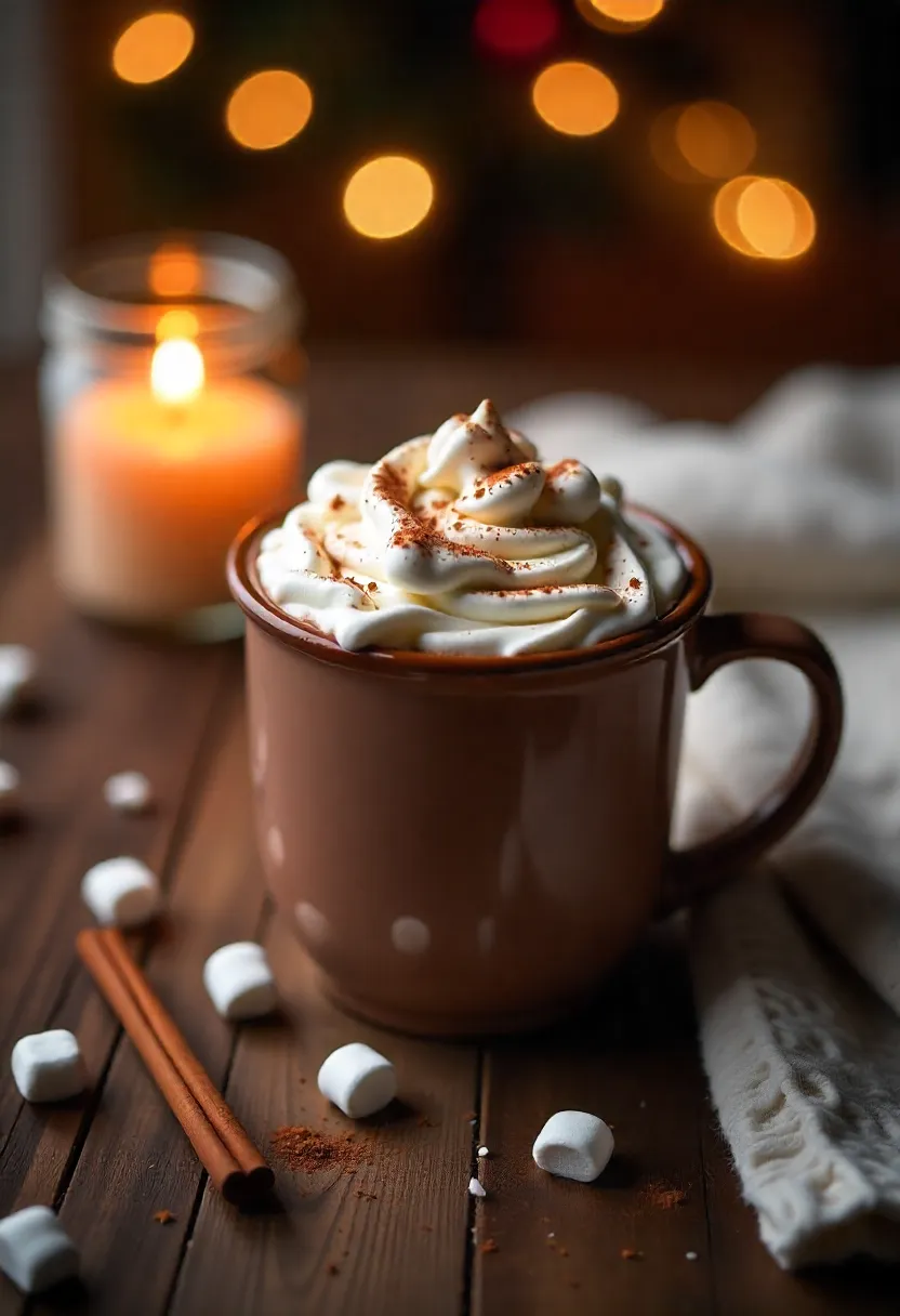 Mug of hot chocolate with whipped cream, marshmallows, and cinnamon on a cozy winter table with holiday decorations.