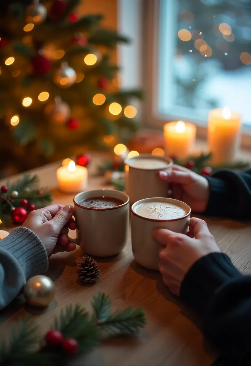 Cozy holiday collage with mugs of festive drinks, soft lights, candles, and people enjoying warmth and togetherness.