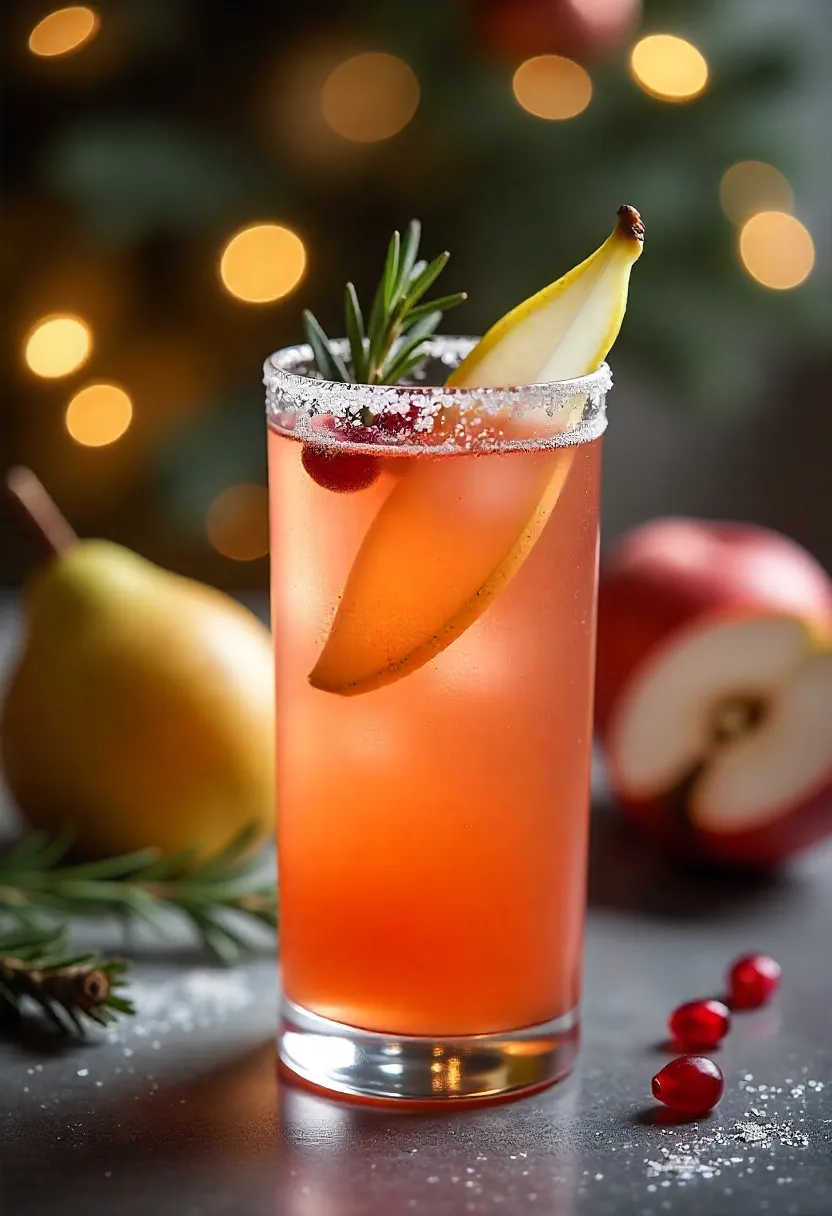 Festive holiday cocktail in a glass rimmed with sugar, garnished with pear slice, rosemary, and pomegranate seeds.