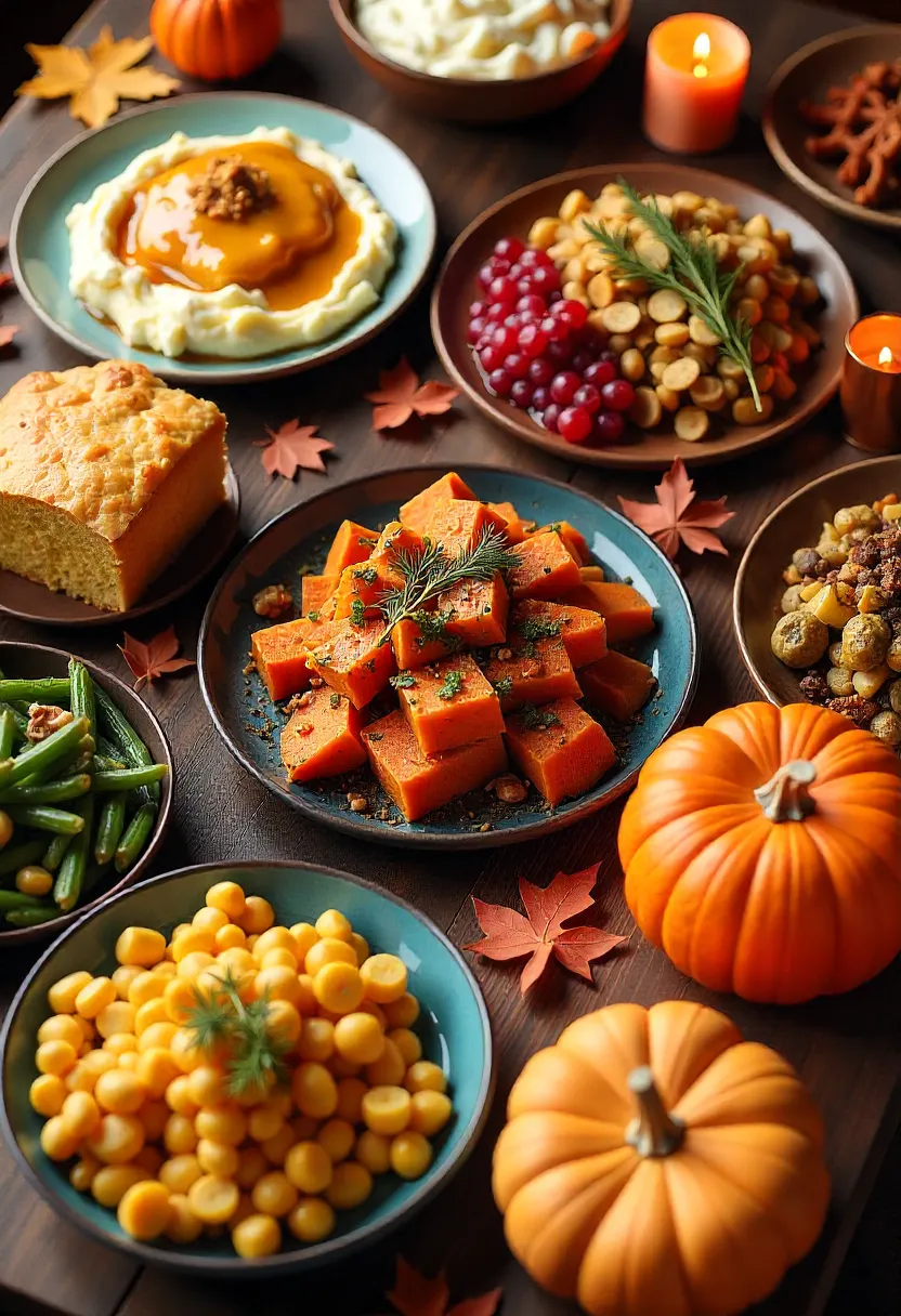 Thanksgiving side dishes collage with mashed potatoes, stuffing, vegetables, and autumn decorations.