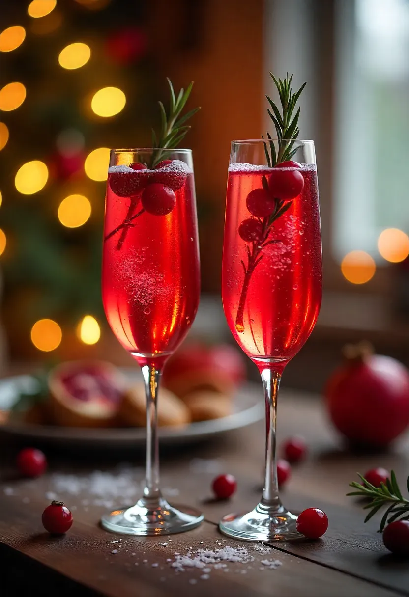 Sparkling cranberry or pomegranate holiday drinks in glasses with rosemary and berries, glowing under Christmas lights.