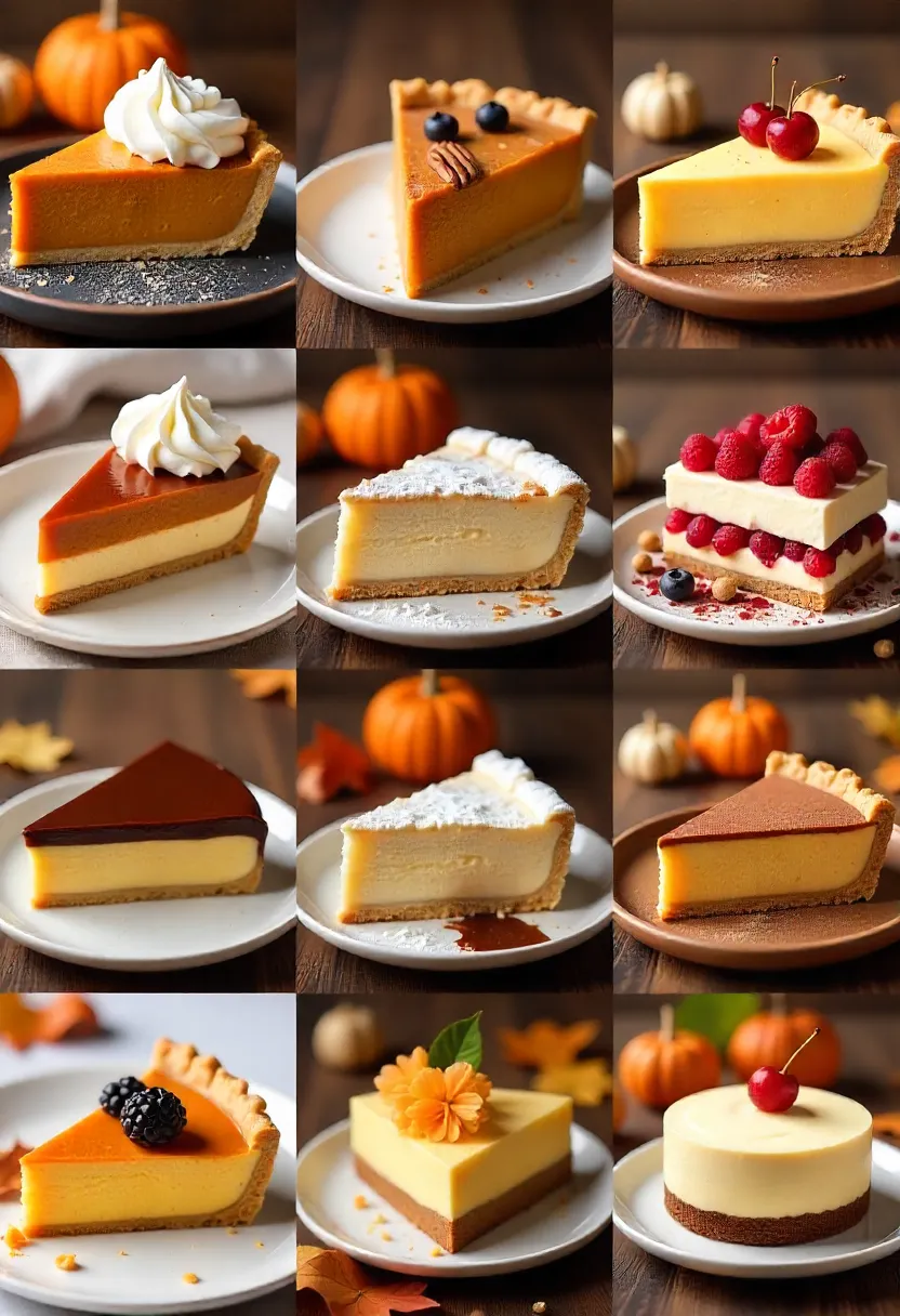 Collage of Thanksgiving desserts including pies, tarts, cakes, and international sweets.