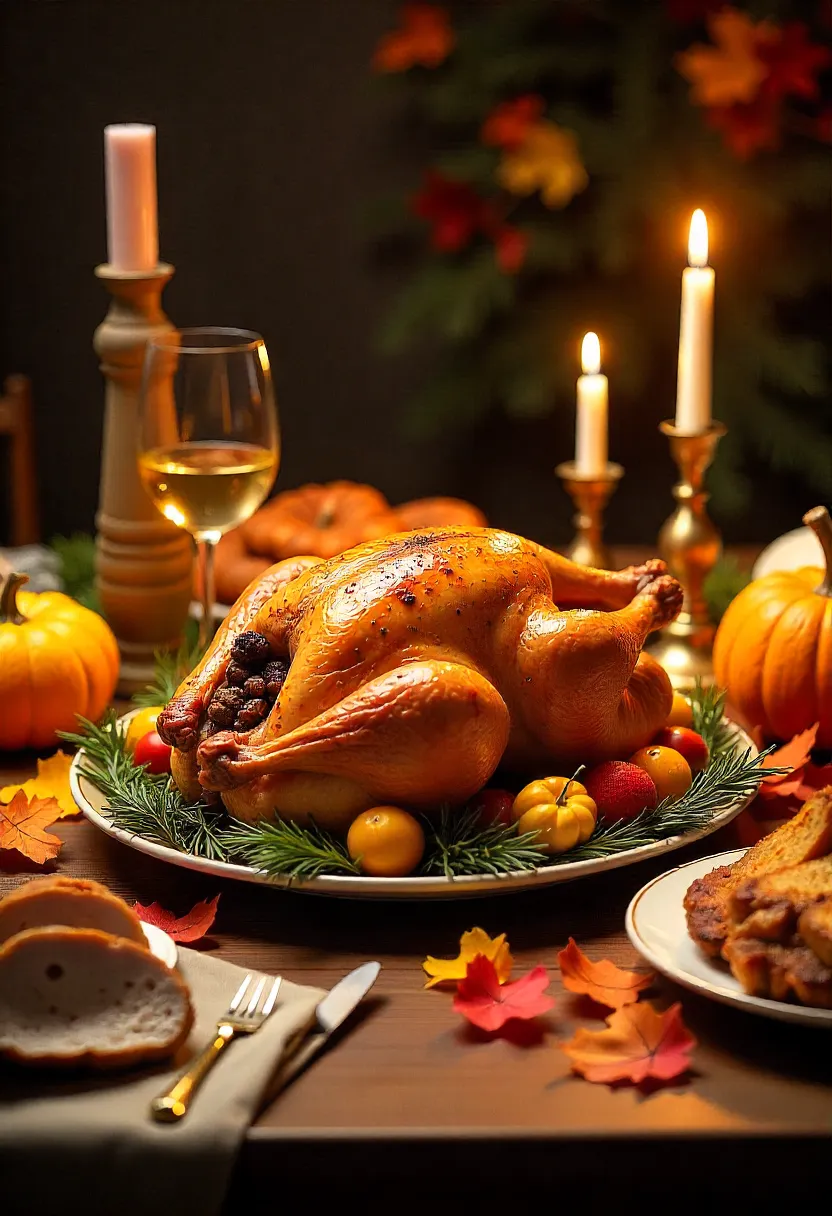 Thanksgiving collage showing turkey and alternative festive main dishes with autumn decorations.