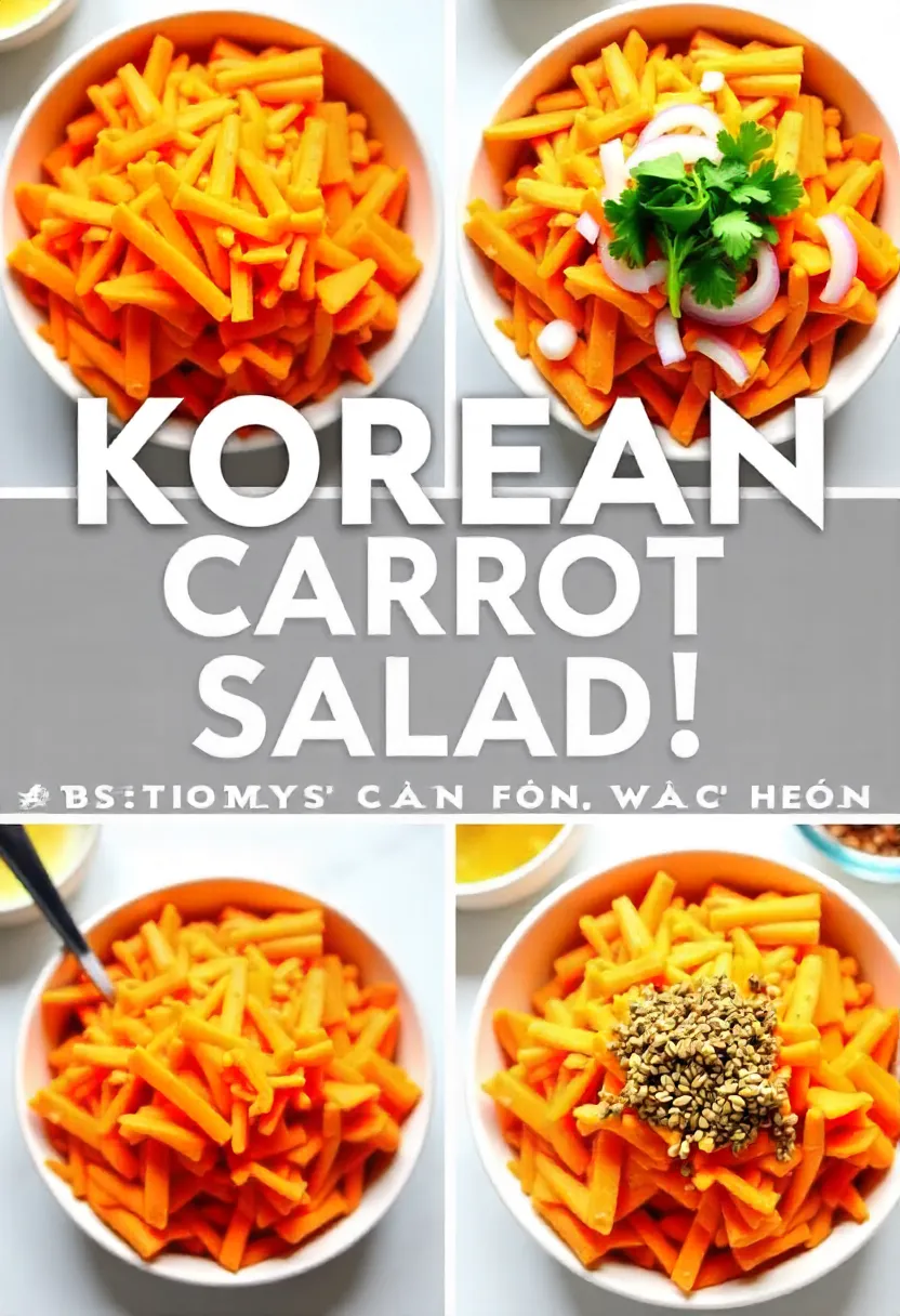 Collage showing Korean Carrot Salad with optional ingredients like onions, herbs, sesame seeds, chili, and lemon.