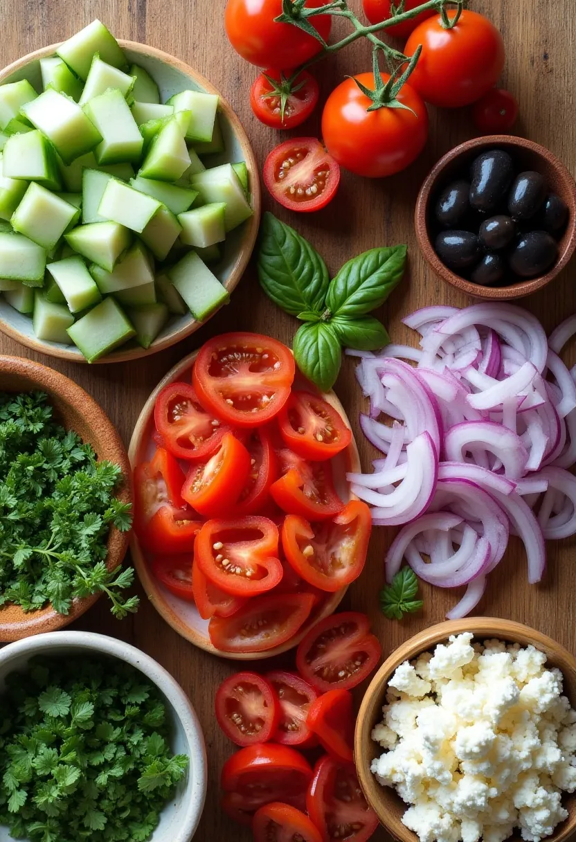 Chopped cucumbers, tomatoes, red onions, olives, feta, and fresh herbs ready for a Mediterranean quinoa salad.