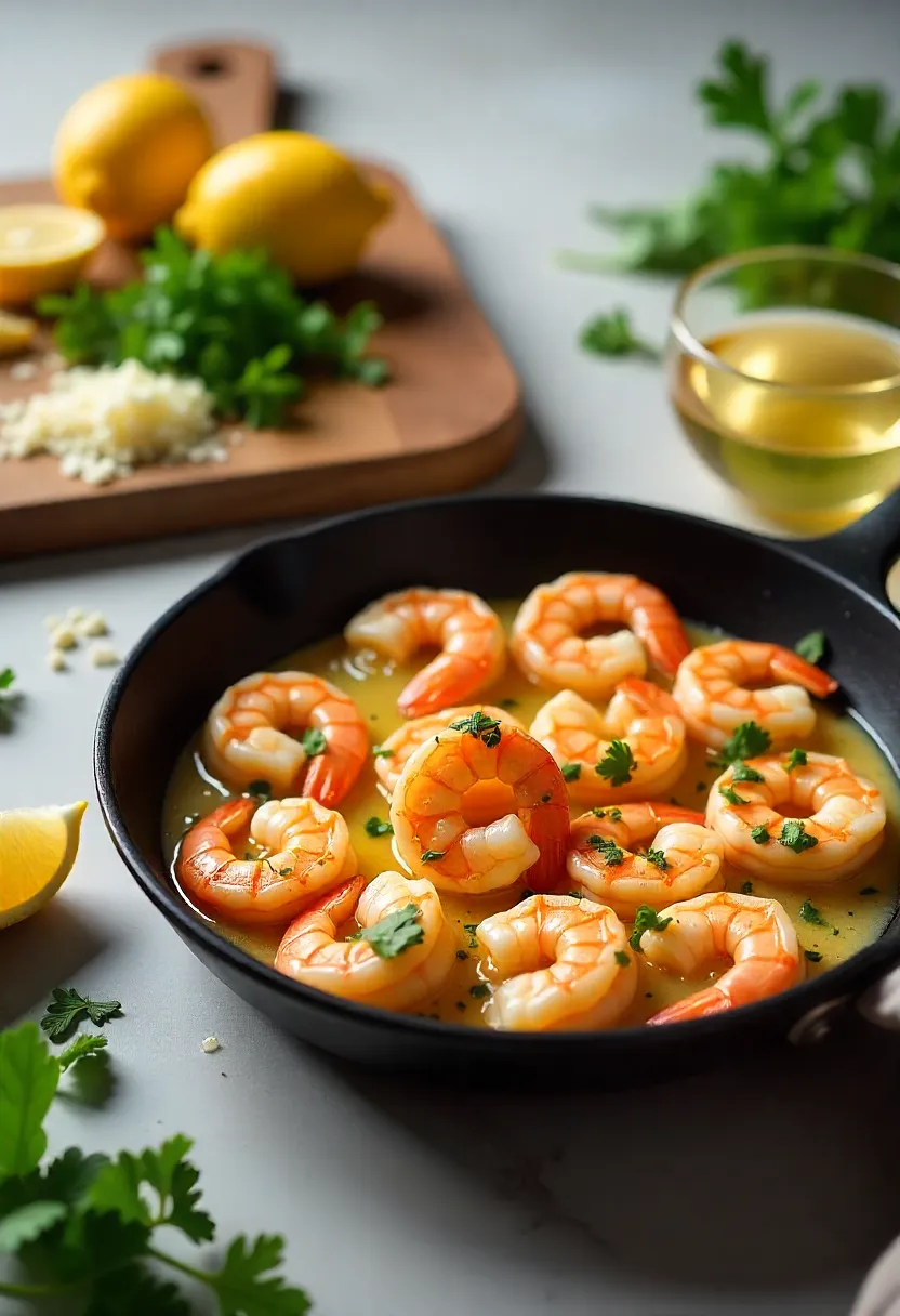 Flat-lay of shrimp scampi ingredients: shrimp, garlic, butter, lemon, parsley, wine, red pepper flakes, and pasta on a wooden table.