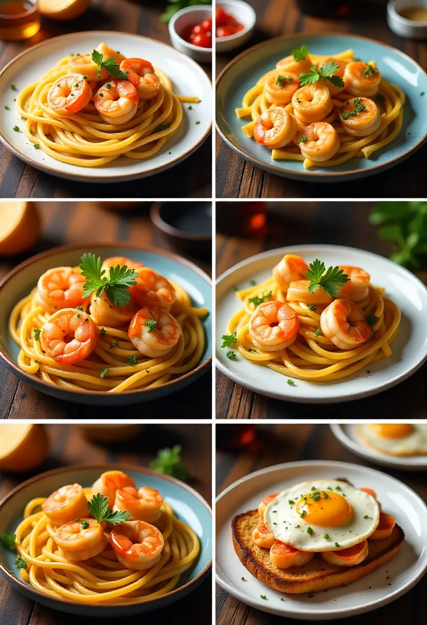 Collage showing shrimp scampi served for weeknights, date nights, summer dinners, holidays, and brunch.