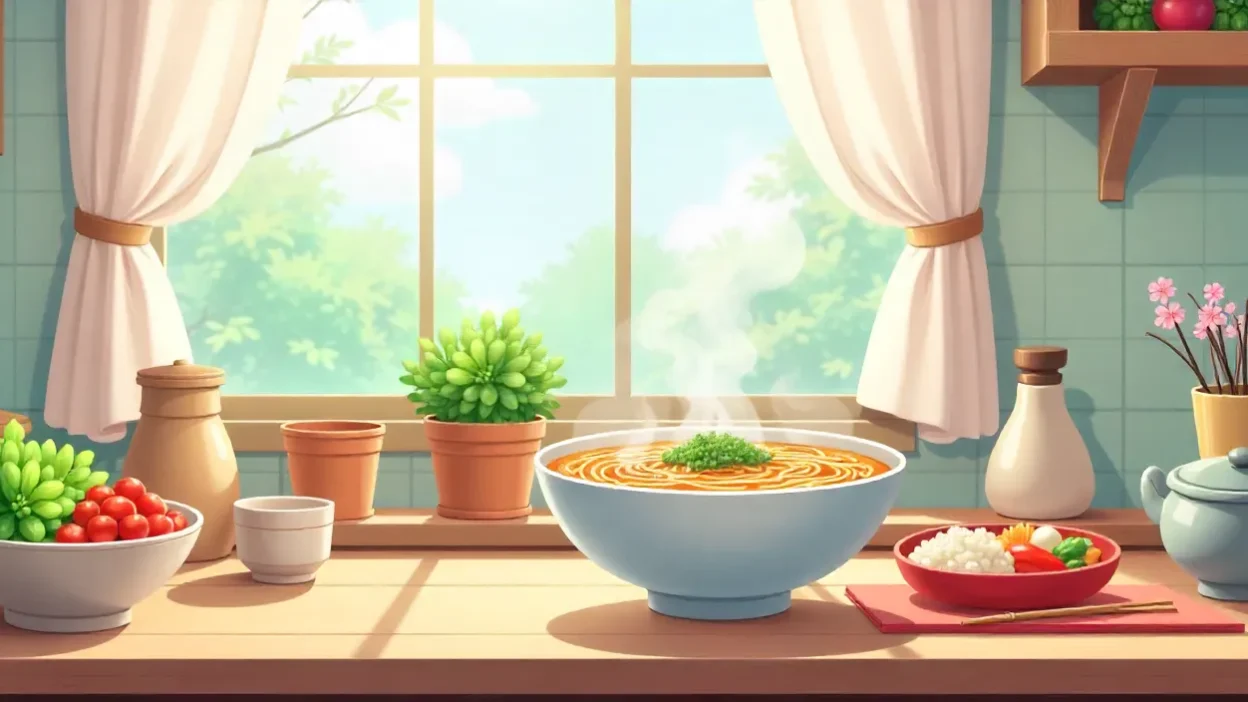Anime-style kitchen scene with ramen, bento boxes, and fresh ingredients on a wooden table, warm and inviting atmosphere.