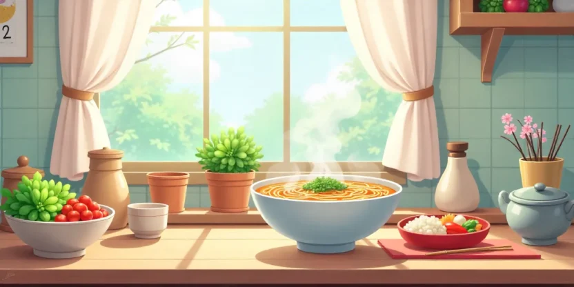 Anime-style kitchen scene with ramen, bento boxes, and fresh ingredients on a wooden table, warm and inviting atmosphere.