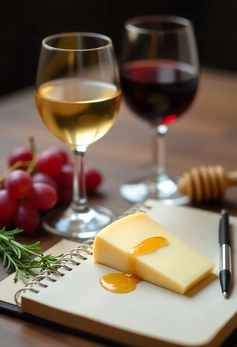 Two glasses of wine with small cheese pieces, grapes, honey, and a tasting notebook on a rustic table, symbolizing the art of pairing wine and cheese.