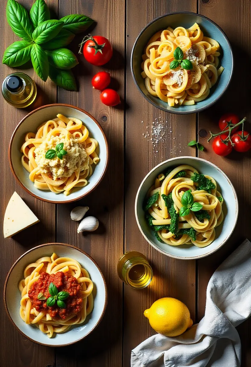 Assorted authentic Italian pasta dishes on a rustic table with cheese, basil, olive oil, tomatoes, and lemons, styled in warm natural light.