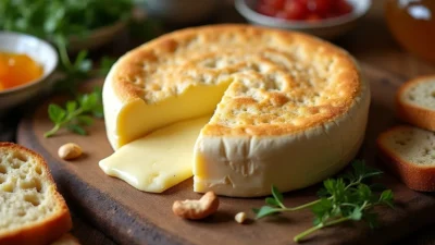 Warm baked Camembert with crusty bread, herbs, and small bowls of toppings on a rustic wooden surface.
