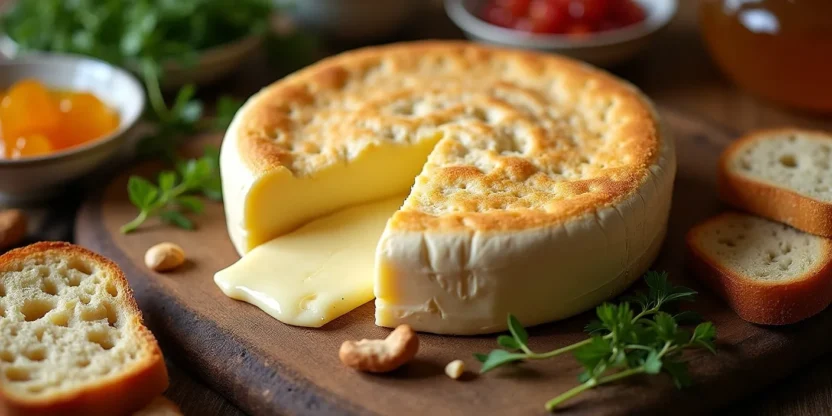 Warm baked Camembert with crusty bread, herbs, and small bowls of toppings on a rustic wooden surface.