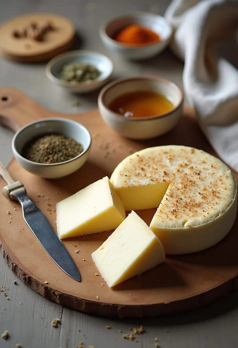 Small bowls of herbs, nuts, and honey arranged with a cheese knife on a rustic surface, suggesting baked Camembert guidance.