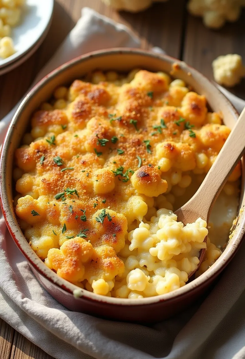 Golden baked cauliflower mac and cheese in a rustic ceramic dish, topped with breadcrumbs and herbs, on a wooden table in soft natural light.