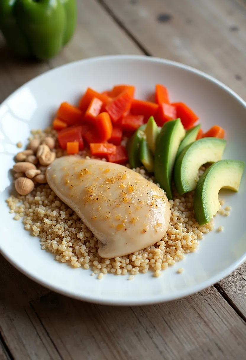 Balanced plate with lean protein, wholegrains, and colorful vegetables arranged to illustrate healthy portion proportions.