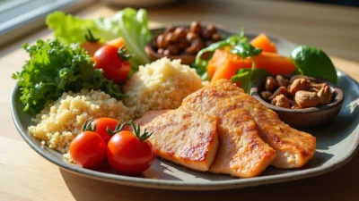 Balanced meal with lean protein, wholegrain carbs, and colorful vegetables arranged on a wooden table in bright natural light.