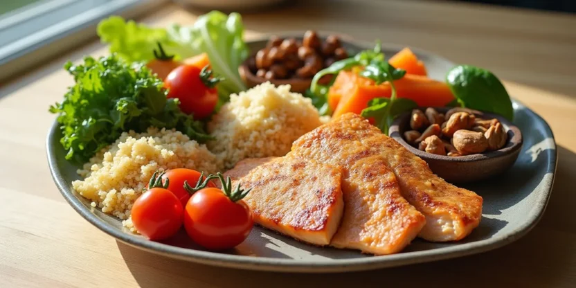 Balanced meal with lean protein, wholegrain carbs, and colorful vegetables arranged on a wooden table in bright natural light.